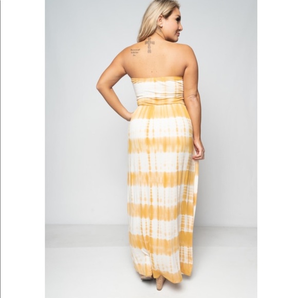 Plus Size Strapless Tie Dye yellow Maxi Dress - Picture 3 of 8